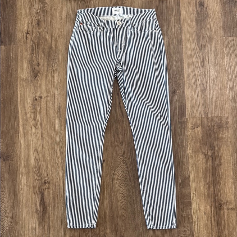 Hudson Blue & White Striped Nico Mid-Rise Ankle SPR Skinny Denim Jeans Size 24
